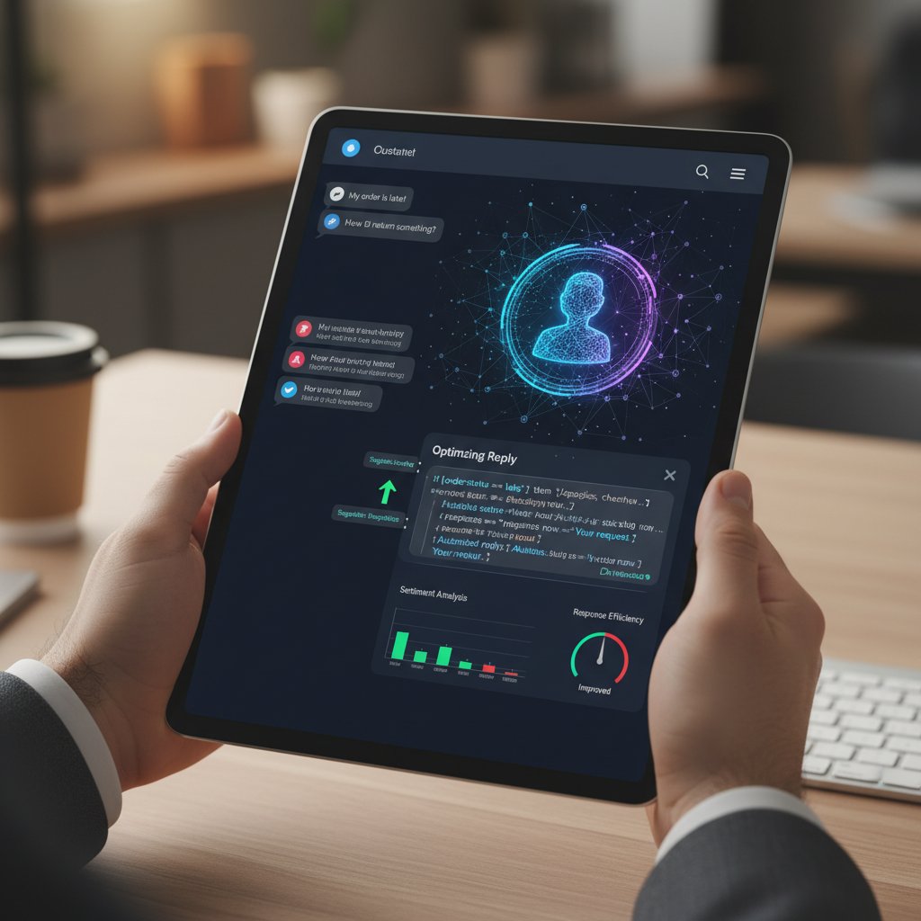 Customer support agent collaborating with AI chatbot interface on tablet, focus on message review process, optimized chatbot replies