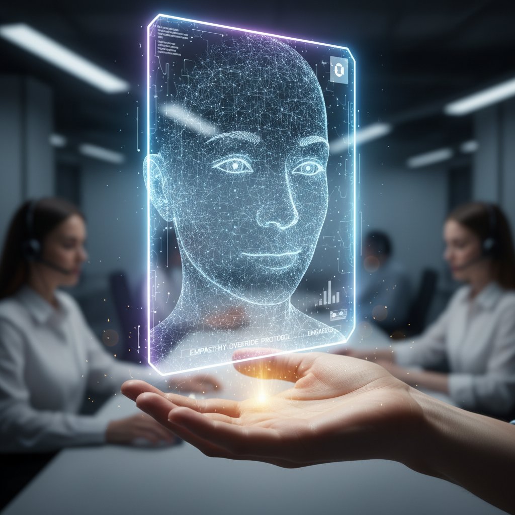 Konsultant wspierający klienta w trudnej sytuacji, obok monitora z AI