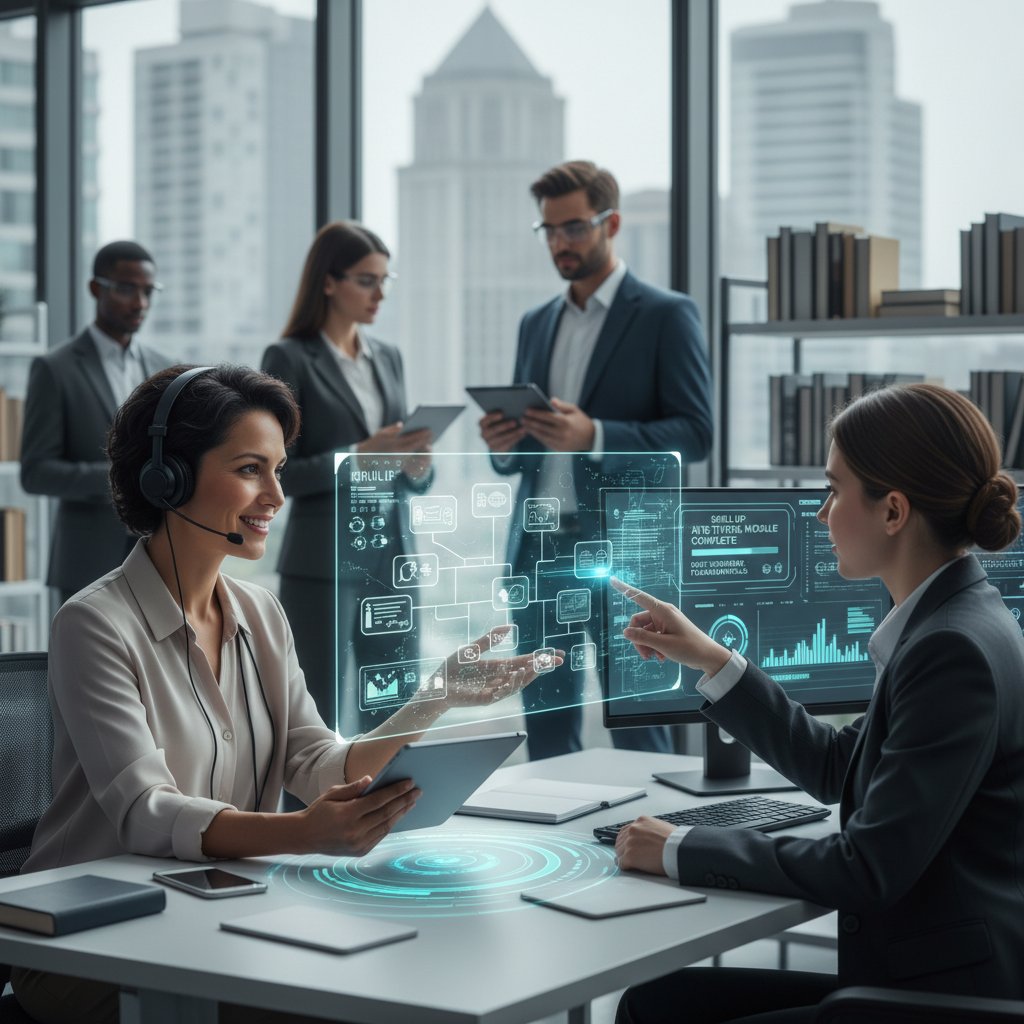 Dynamic photo of a customer support rep learning from both digital and human mentors, layered composition in a modern workspace