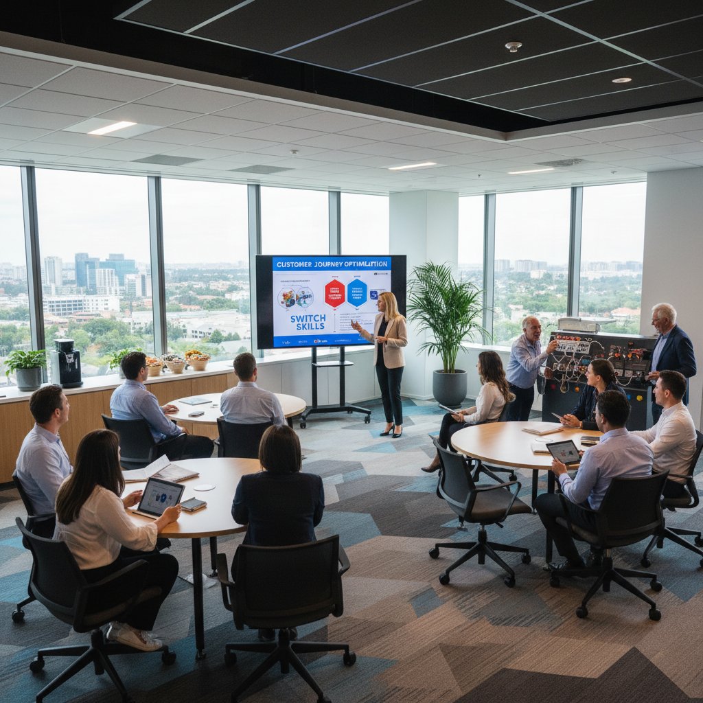 A team leader conducting a training session with support staff, illustrating preparation for a customer service software switch