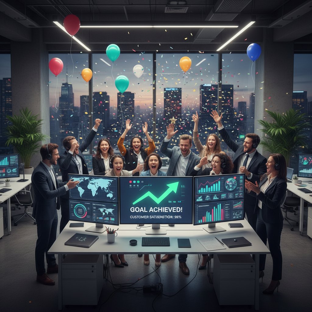 Customer support team celebrating in front of glowing analytics screens after chatbot tracking resolved a major crisis