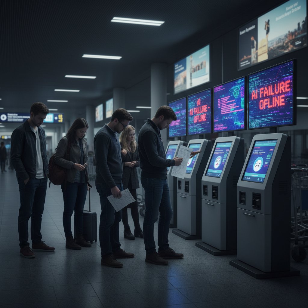 Rozczarowani klienci patrzą na ekrany, AI nie trafiło z rekomendacją