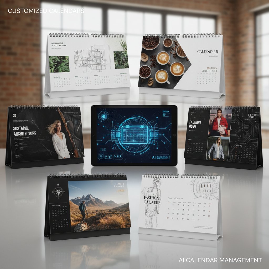 Customized calendars for different workflows, editorial, multiple overlaid calendars, styled for various industries, AI calendar management for enterprise