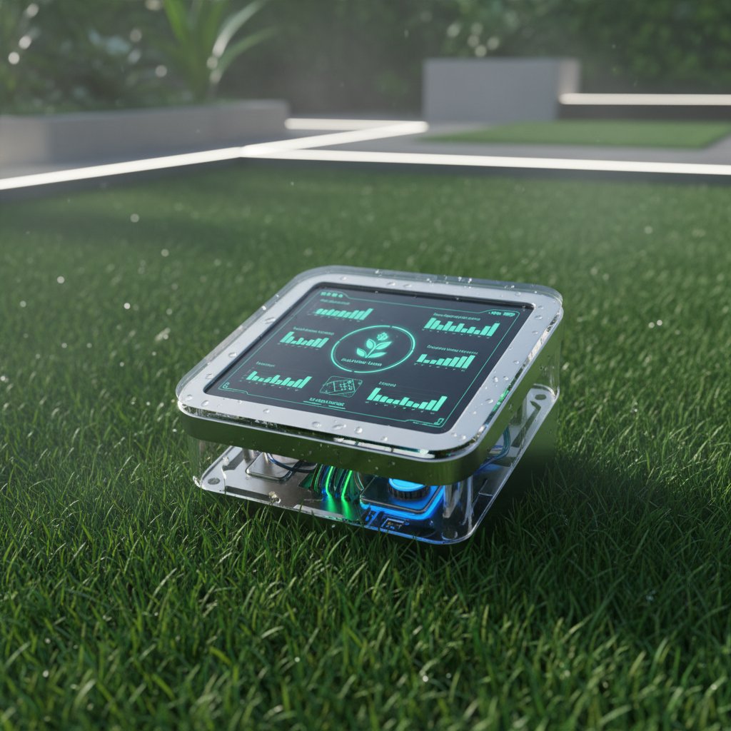 Nowoczesny czujnik AI w trawniku – zbliżenie