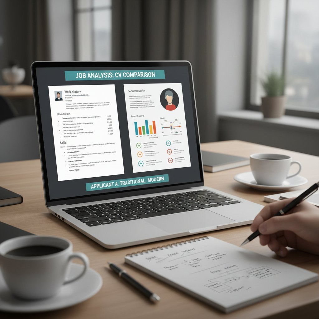 Osoba porównująca różne wersje CV na laptopie, analizując skuteczność dokumentów