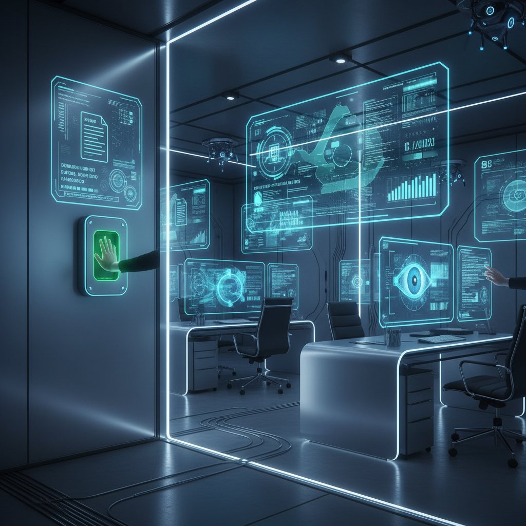 A futuristic photo of a cyber-secure office environment with digital document icons, biometric scanners, and AI-driven interfaces.