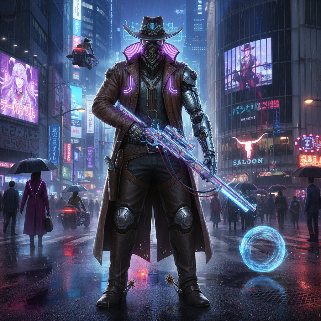 East-meets-West sci-fi western, cyberpunk cowboy showdown on a rain-soaked Tokyo street