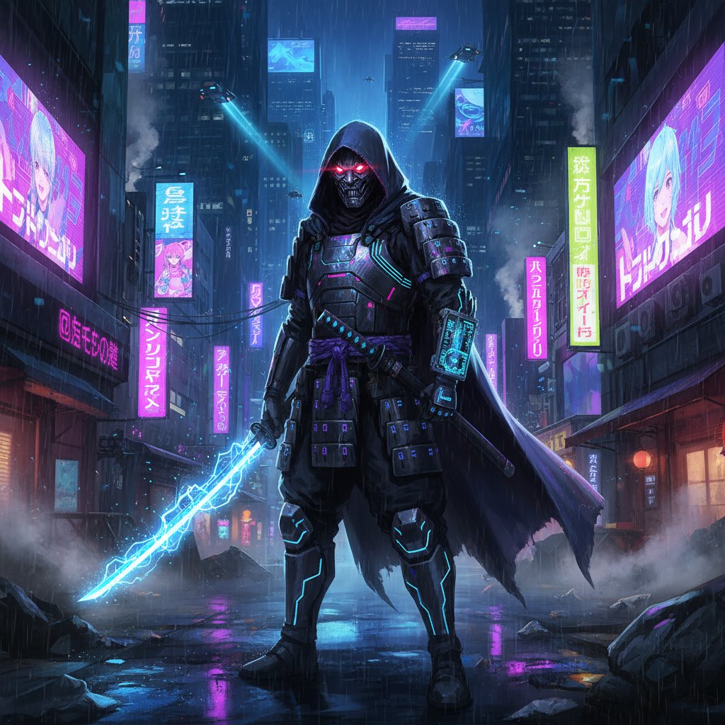 Cyberpunk samurai avatar with glowing katana and digital armor, symbolizing the fusion of tradition and technology in samurai movies