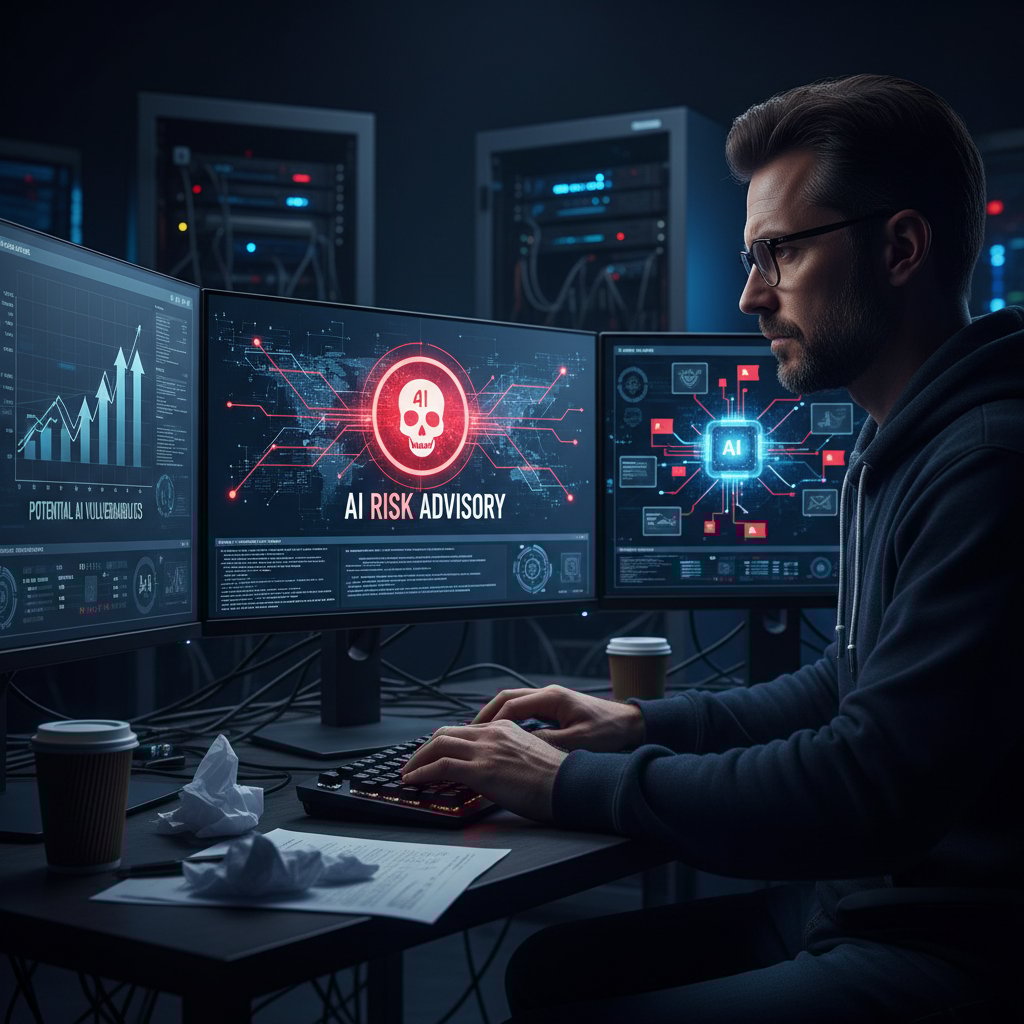 Specjalista ds. cyberbezpieczeństwa analizuje zagrożenia AI na ekranie komputera