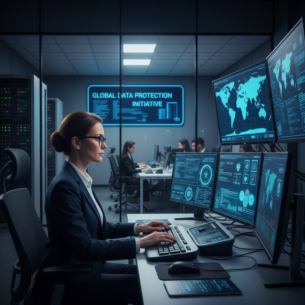 Ekspert ds. cyberbezpieczeństwa monitorujący system zabezpieczeń w firmie usługowej