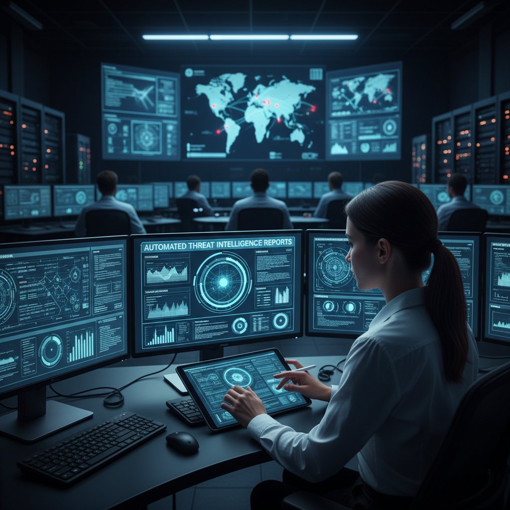 Specjalista ds. cyberbezpieczeństwa analizujący automatyczne raporty zagrożeń w centrum operacyjnym