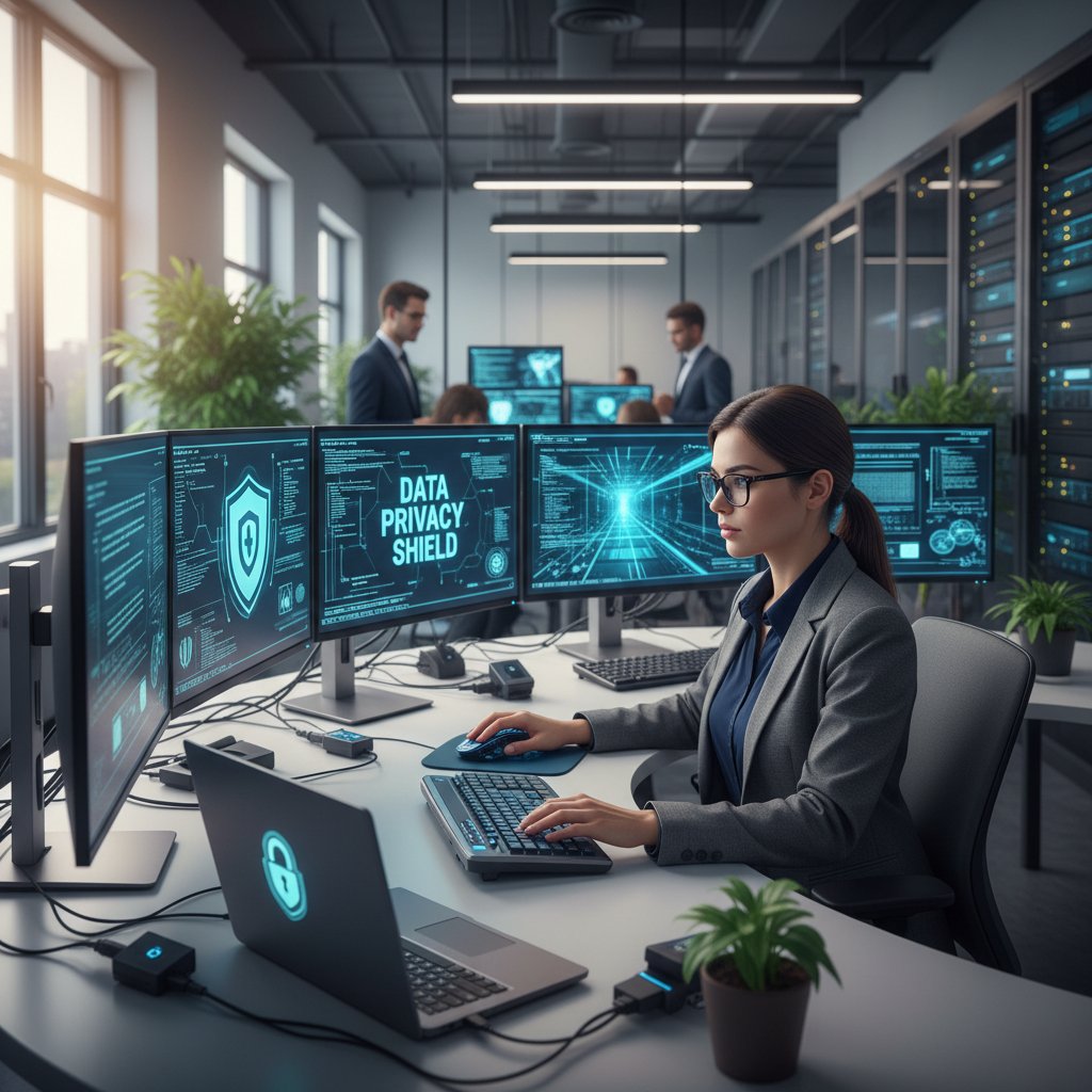 Specjalista ds. bezpieczeństwa analizujący dane na ekranie komputera