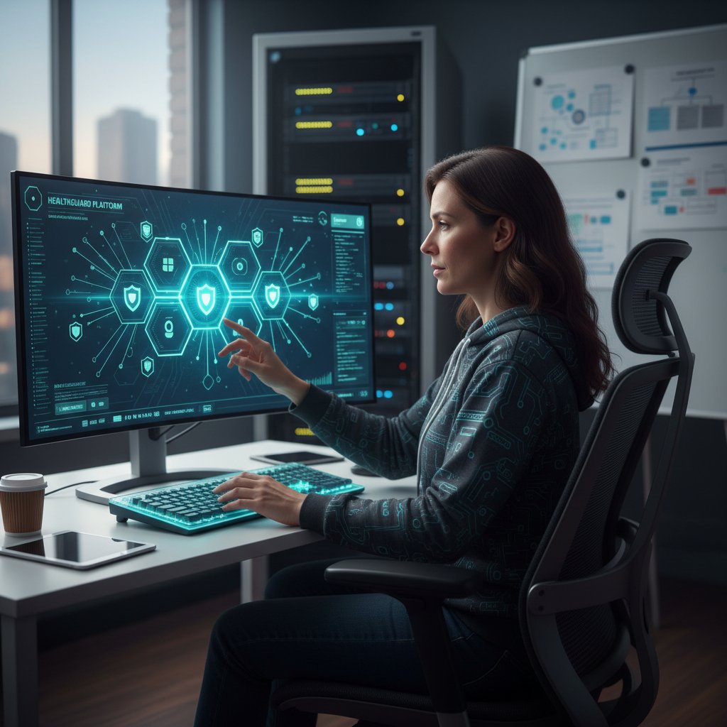 Specjalista ds. cyberbezpieczeństwa analizujący zabezpieczenia platformy zdrowotnej na komputerze