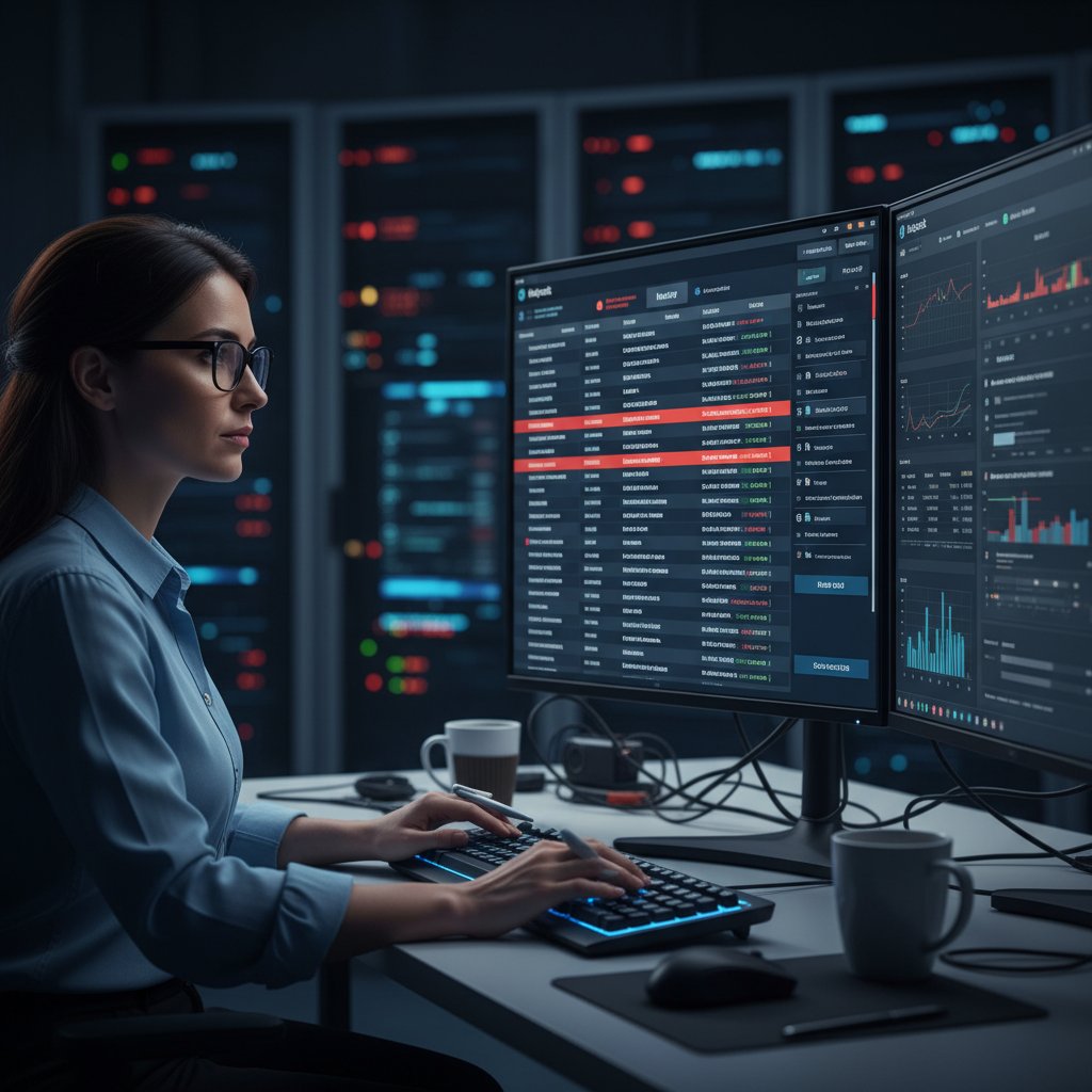 Specjalista ds. cyberbezpieczeństwa monitorujący system obsługi zgłoszeń