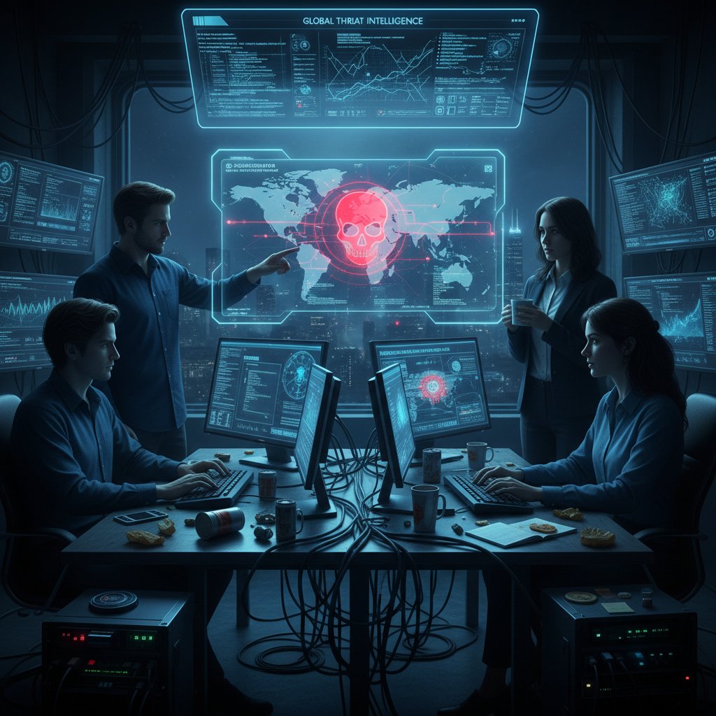 Grupa osób analizuje dane cyberzagrożeń na cyfrowych wykresach, nocne światło, napięcie