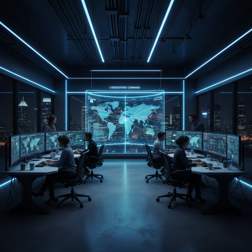 Zespół analizujący zagrożenia cybernetyczne w nowoczesnym centrum operacyjnym