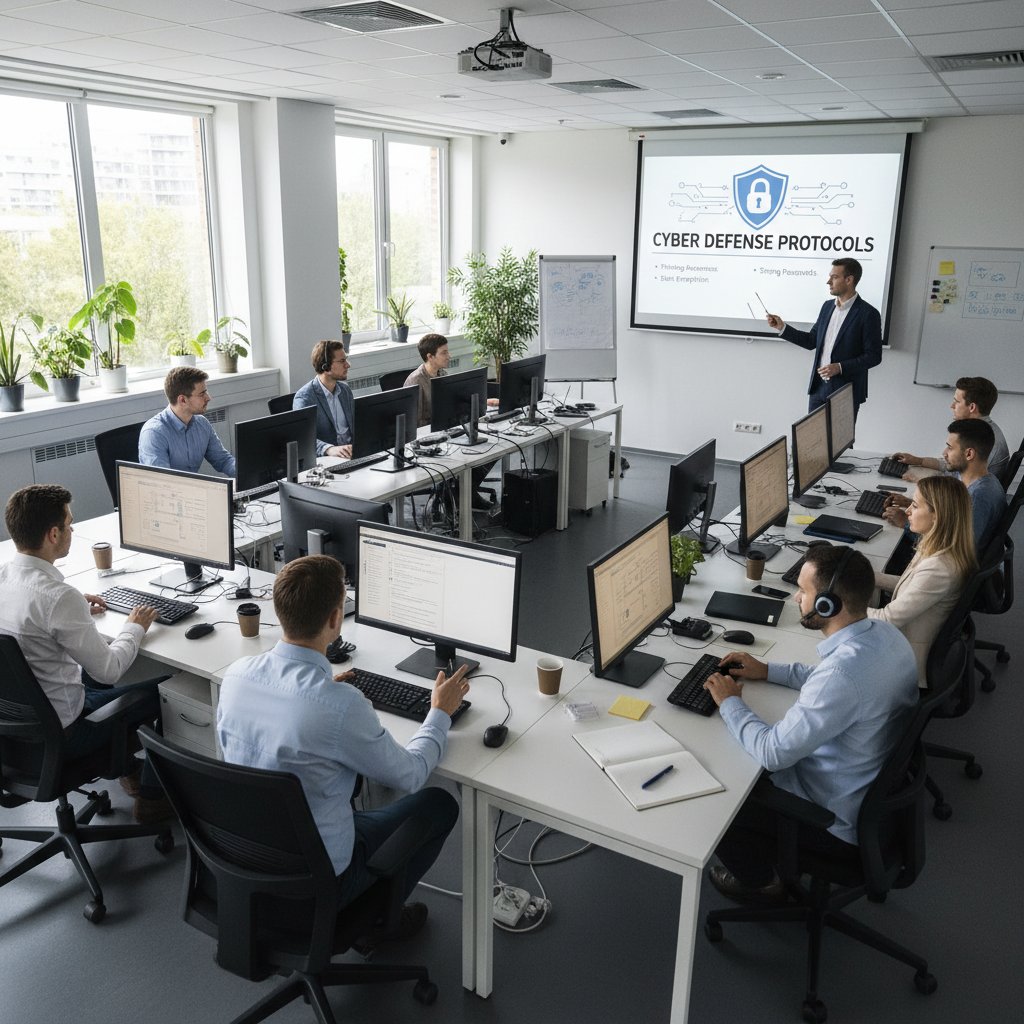 Szkolenie z cyberbezpieczeństwa w firmie, pracownicy dyskutują przy komputerach