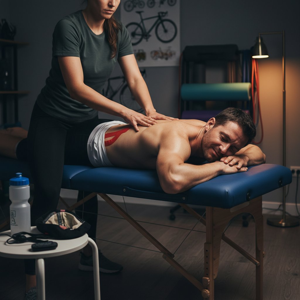 Rowerzysta korzysta z masażu po treningu, plecy, relaks