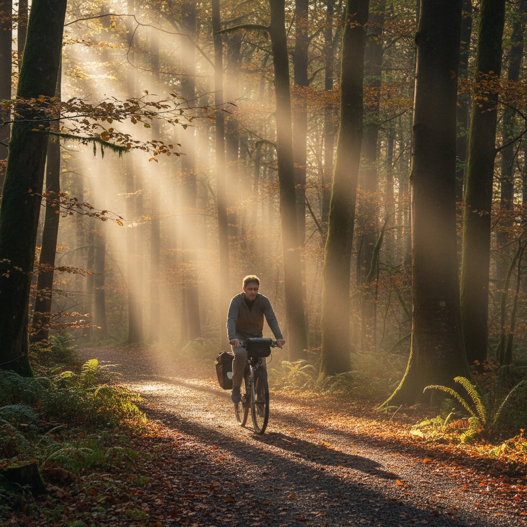 Rowerzysta jedzie przez las o poranku, promienie słońca, relaksująca atmosfera