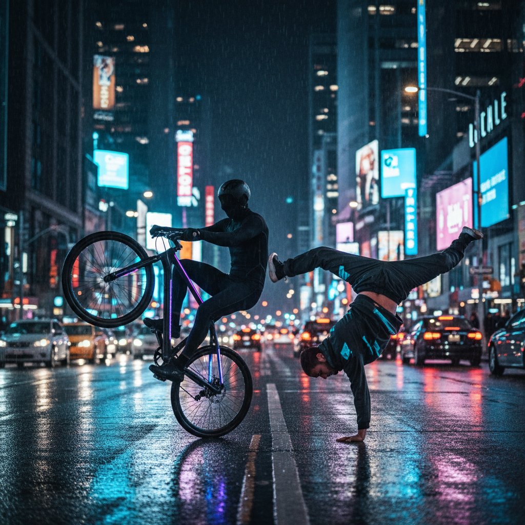 Młoda osoba na rowerze miejskim jedzie nocą do szkoły tańca, neonowe światła miasta
