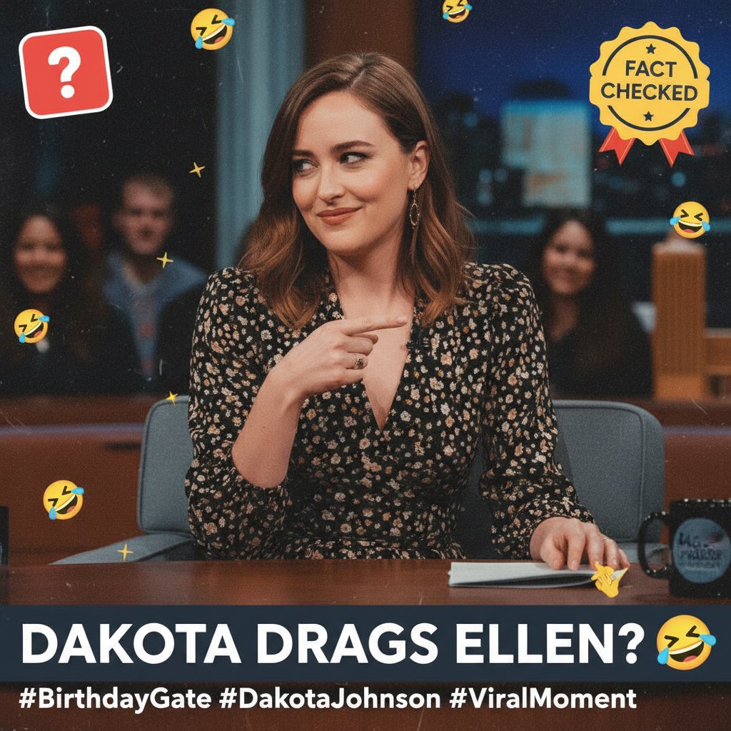 Photo montage with Dakota Johnson film stills and social media icons, playful and energetic