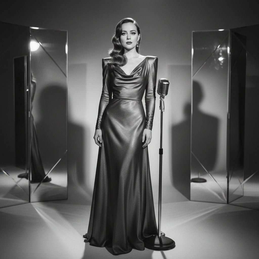 Editorial portrait of Dakota Johnson in a vintage Hollywood setting, echoing her family legacy in film