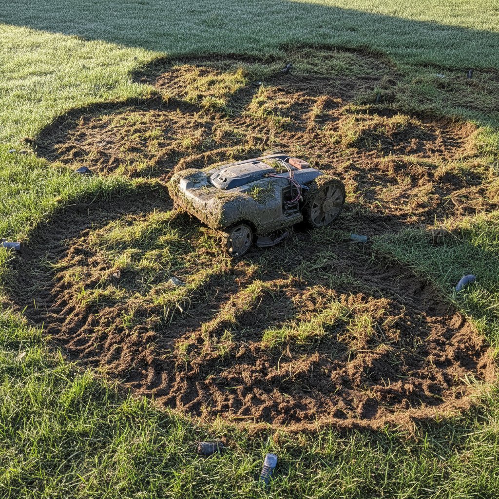 Zbliżenie na zniszczoną darń po niewłaściwym koszeniu robotem, widoczne ślady kół i pożółkła trawa