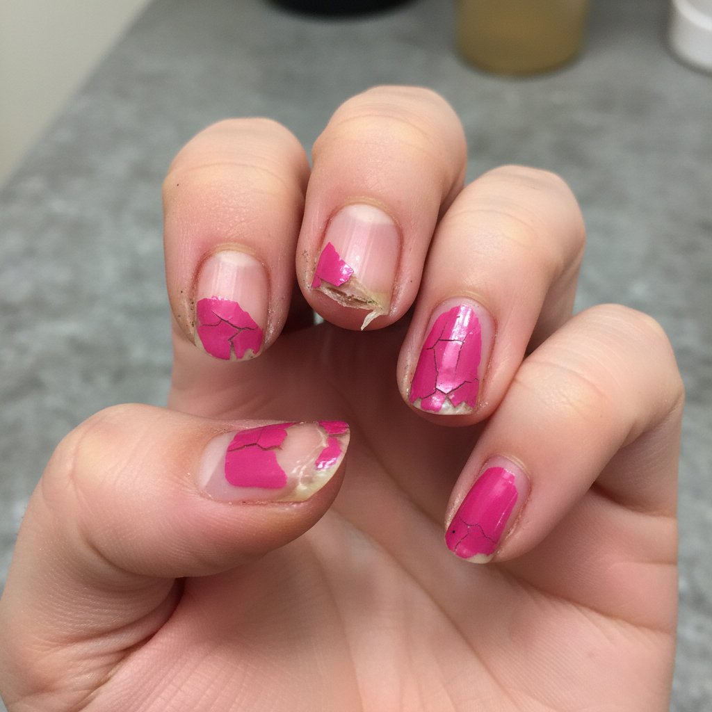 Zbliżenie na zniszczoną płytkę paznokcia po nieprawidłowym zdejmowaniu hybrydy