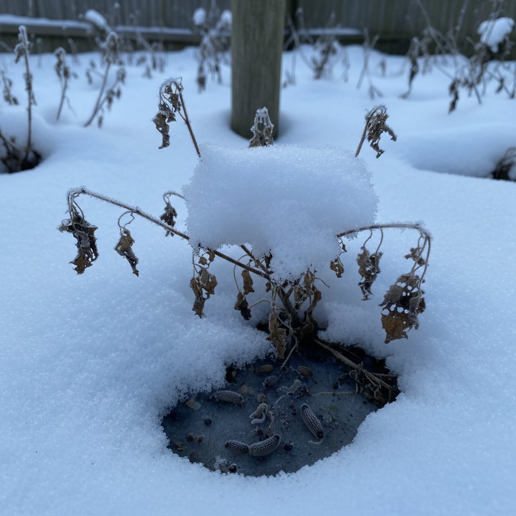 Uszkodzona roślina pod śniegiem, ślady szkodników, zima w ogrodzie
