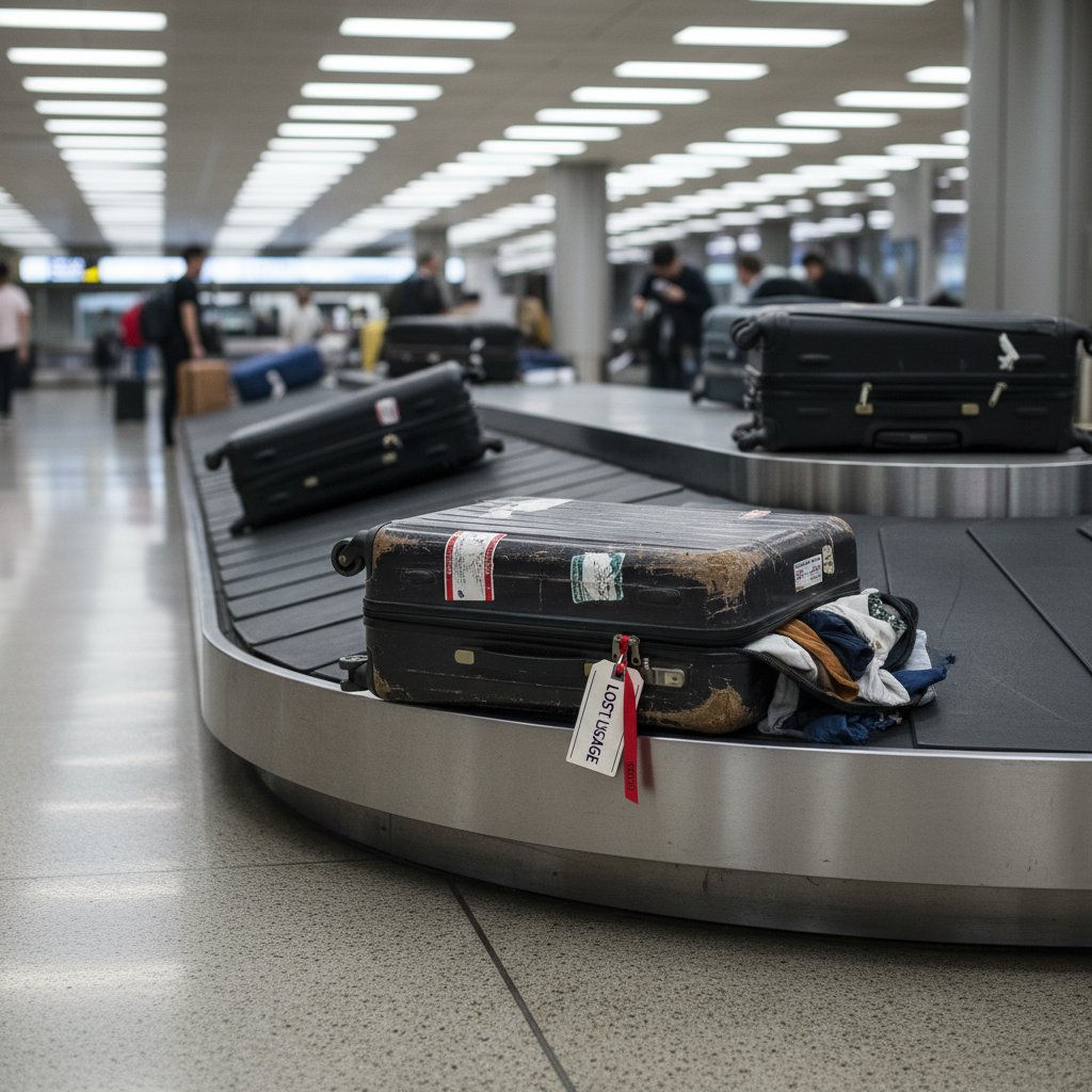 Damaged suitcase on an airport baggage carousel, showing risks of checked baggage