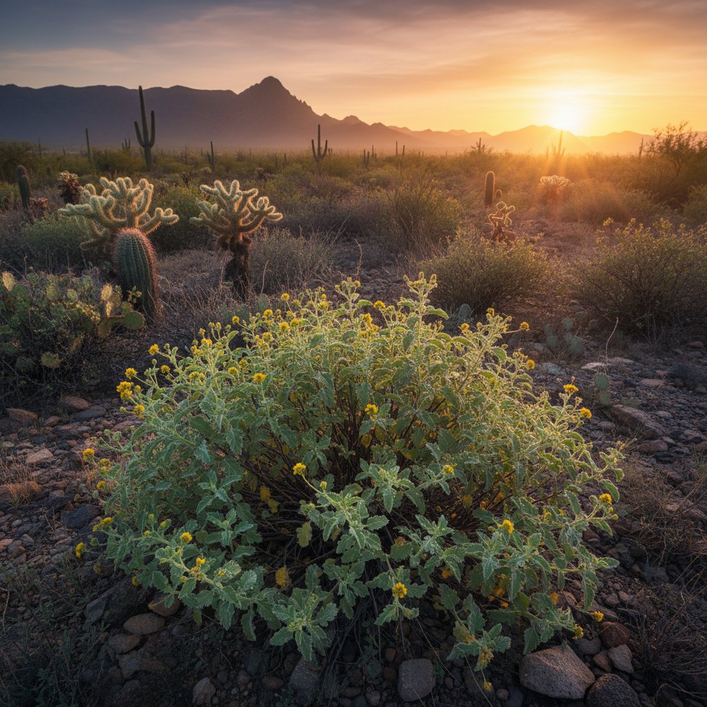 Roślina damiana w naturalnym środowisku Meksyku o wschodzie słońca, tajemniczy klimat, dziki krajobraz