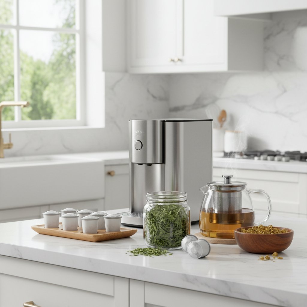 Różne produkty z damianą: herbata, kapsułki i susz na blacie kuchennym, nowoczesny styl