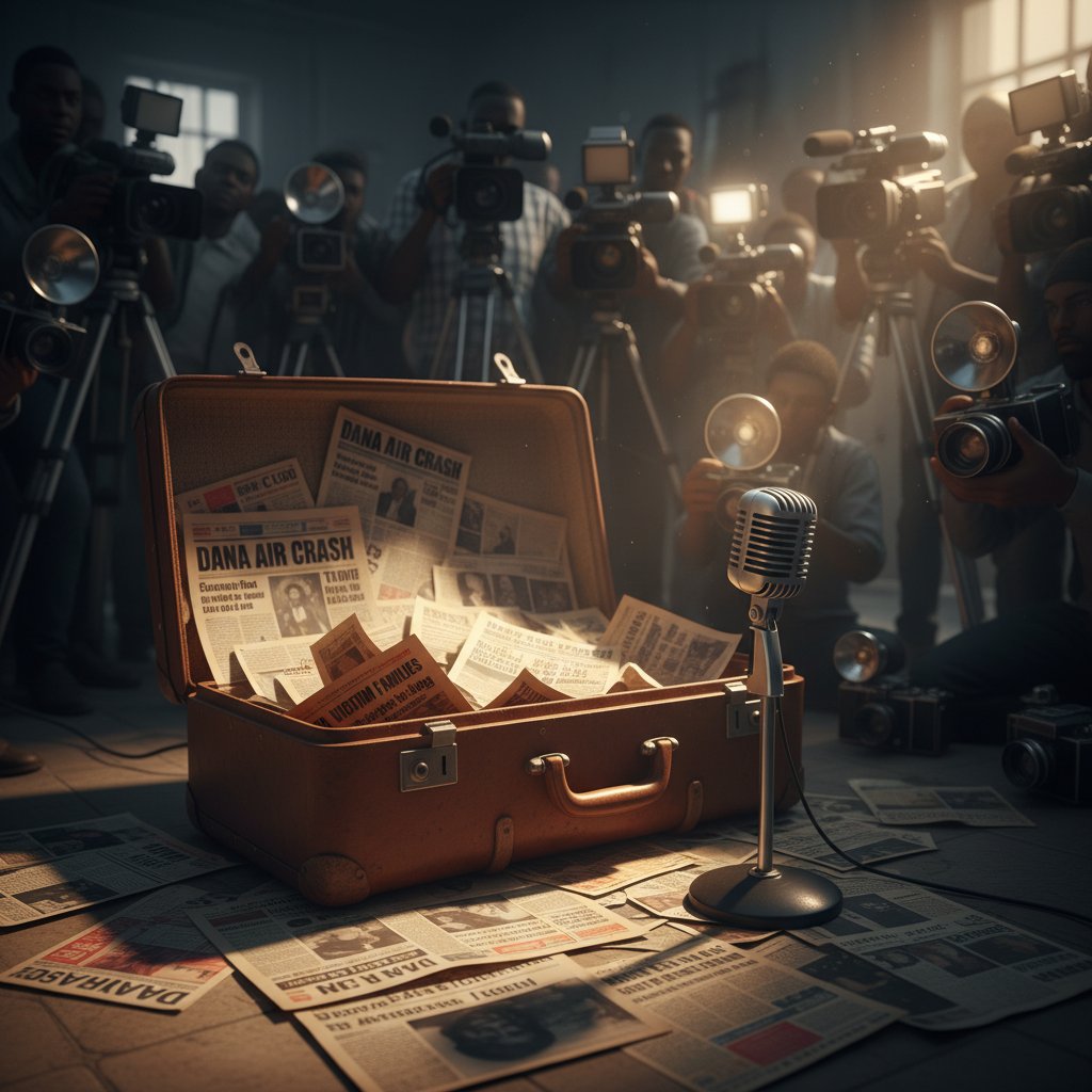 Dana Air in the media spotlight, newspaper clippings, suitcase, dramatic lighting.