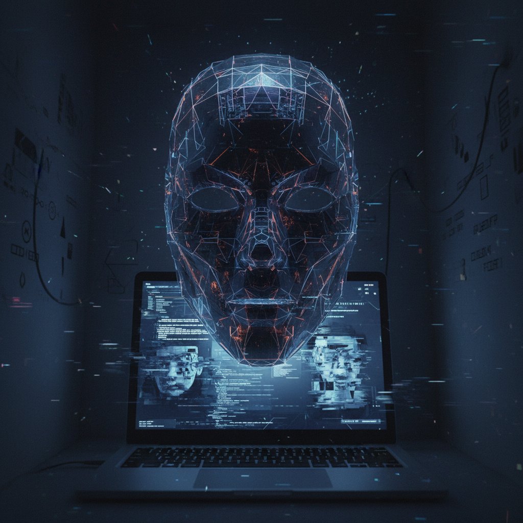 Anonimowy troll na czacie internetowym, ciemna maska nad ekranem laptopa