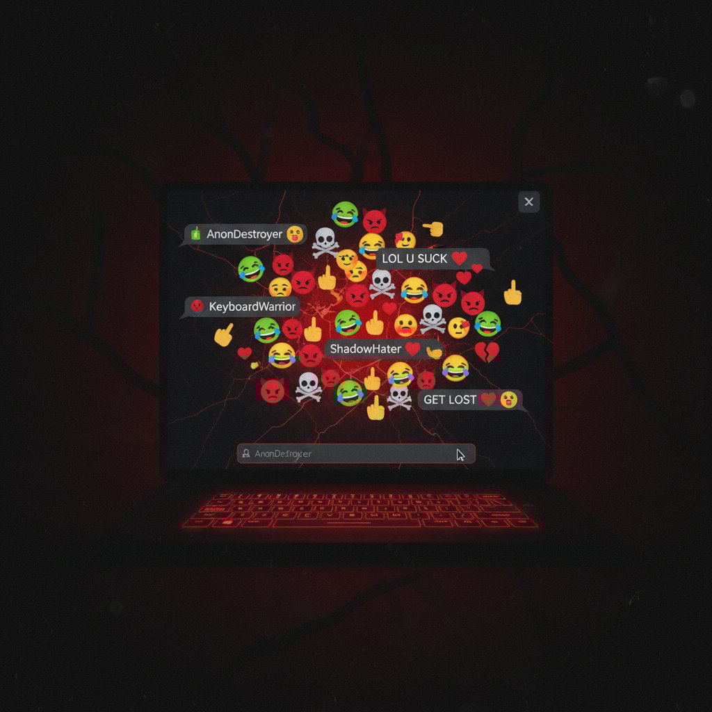 Ciemne tło, emotki i wykrzykniki symbolizujące hejt i trolling online