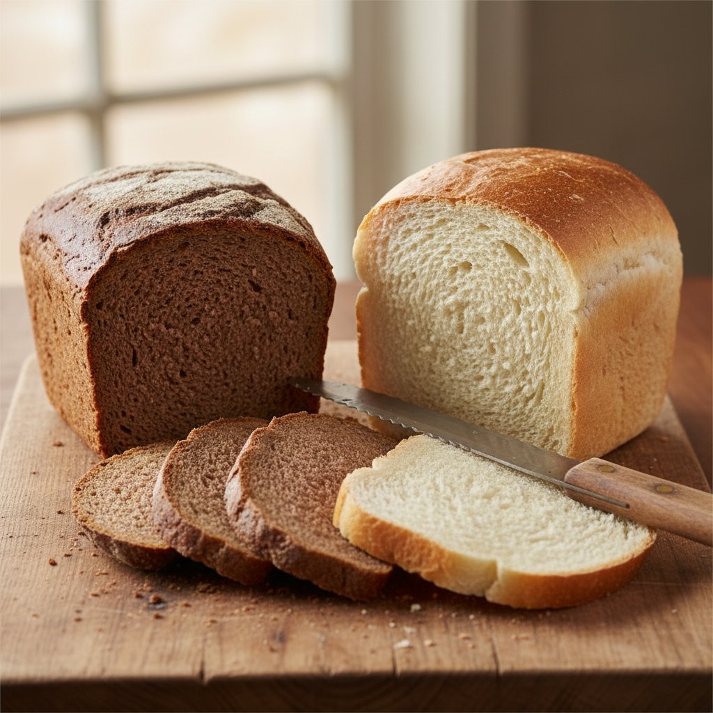 Ciemny i jasny chleb na drewnianej desce, porównanie zdrowych i mniej zdrowych opcji