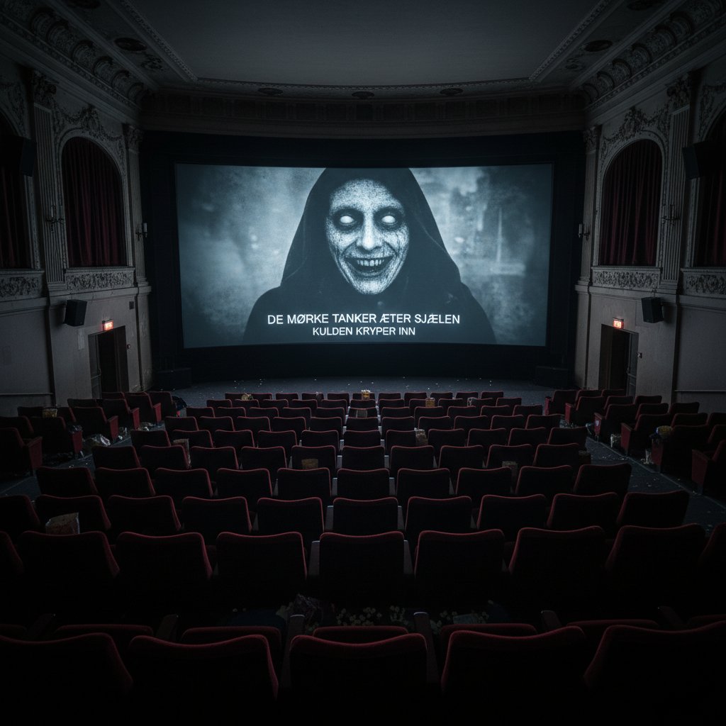 Dark cinema with foreign subtitles on the screen, showing the experience of watching a foreign disturbing film