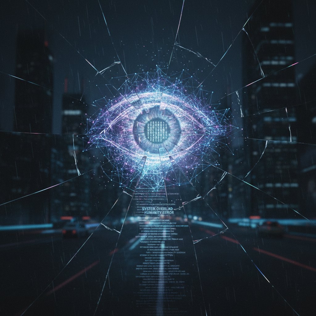 Kadr w stylu Black Mirror, AI odbijające się w pękniętym szkle, filozoficzne rozmowy, przyszłość mediów