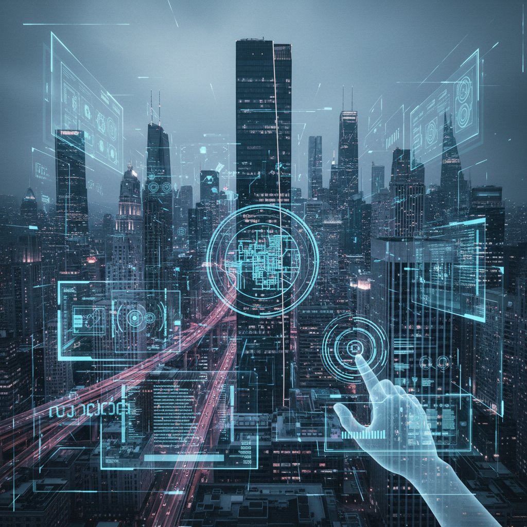Zdjęcie przedstawiające ciemne miejskie ulice z dominującymi, świetlistymi interfejsami AI – wizja AI poza kontrolą