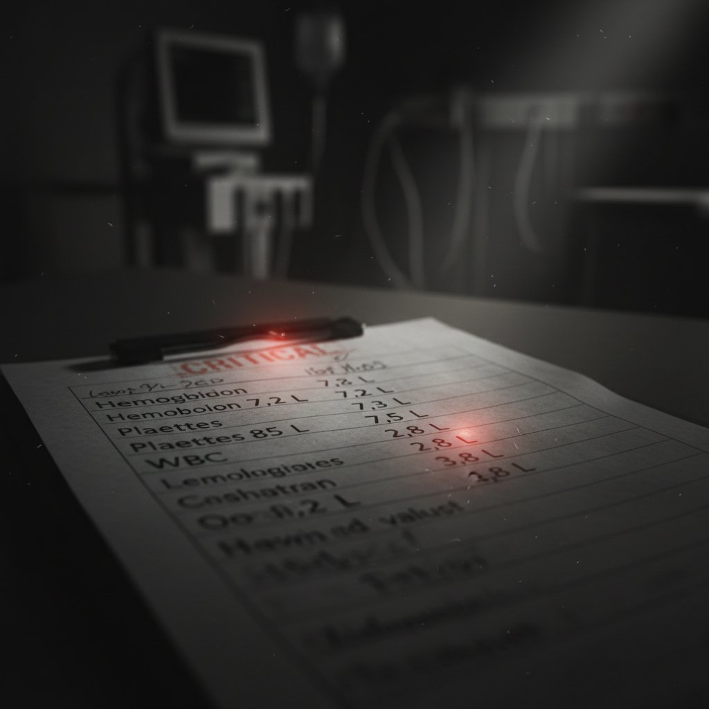 Wydruk laboratoryjny z niskim poziomem amylazy, podświetlony na czerwono