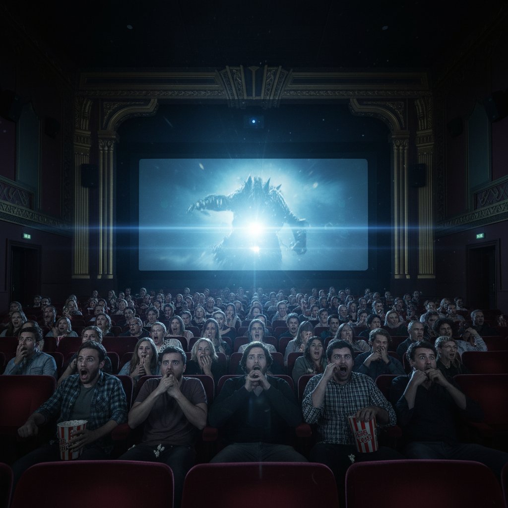 Audience member visibly reacting to a challenging film in a moody theater setting, shocked face illuminated by screen