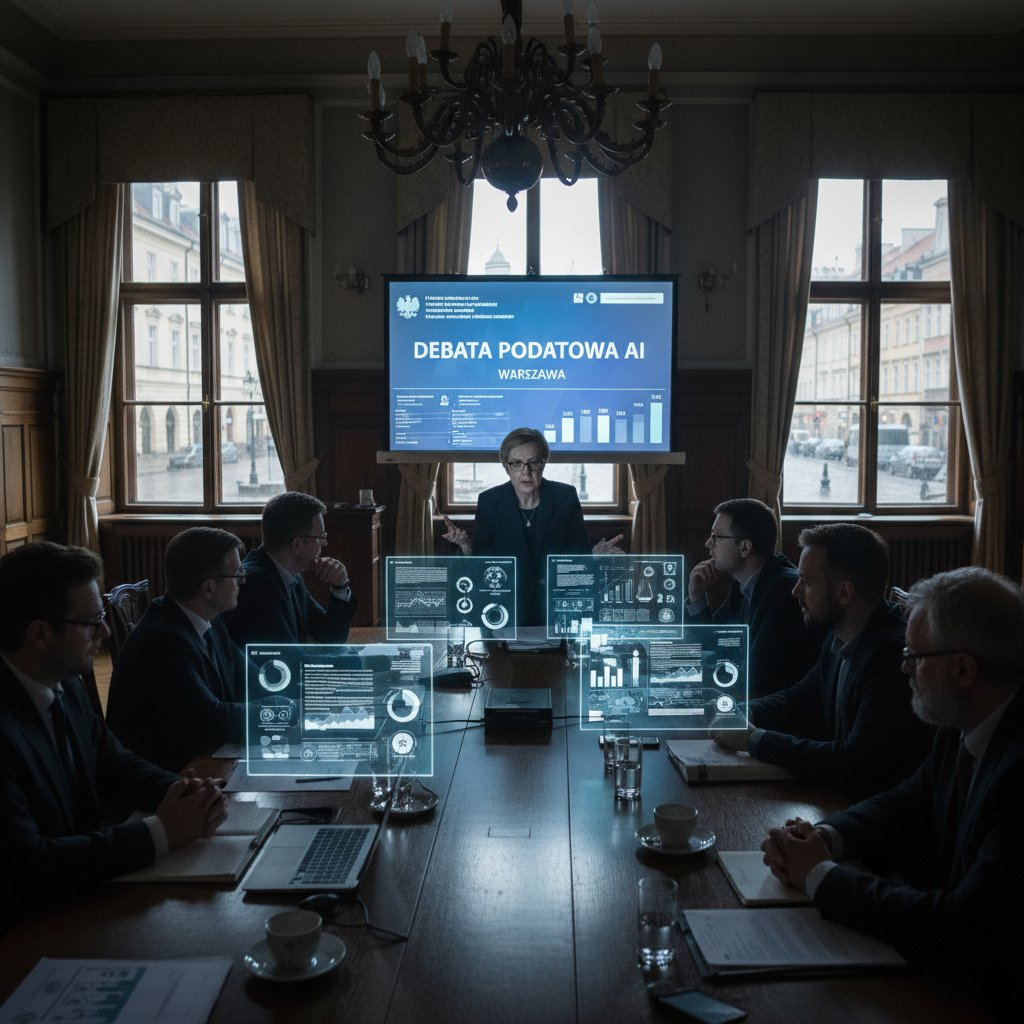 Dyskusja o sztucznej inteligencji w podatkach w nowoczesnym biurze w Warszawie