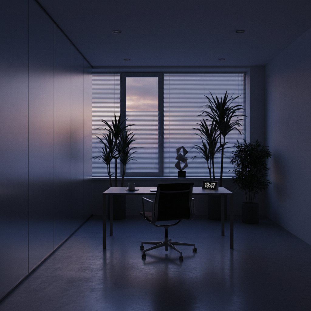 Ciemne wnętrze gabinetu, światło padające przez okno, symbolizujące granice prywatności w terapii