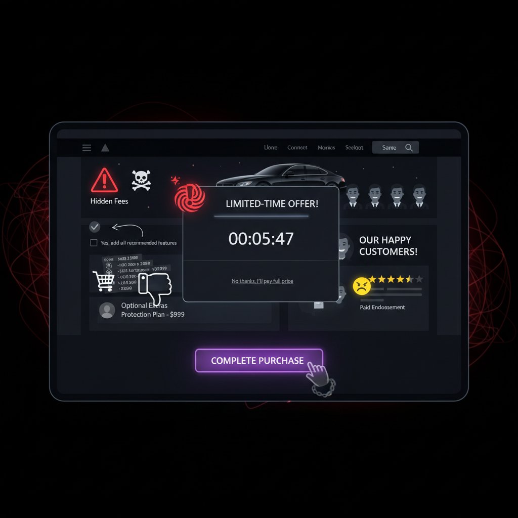 Dark patterns in online car negotiation: Stylized warning icons overlaying car sales site