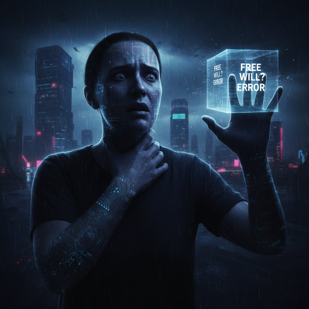 Mroczny portret człowieka i humanoidalnej AI w miejskim otoczeniu, podkreślający lęk przed autonomią maszyn, wolna wola AI