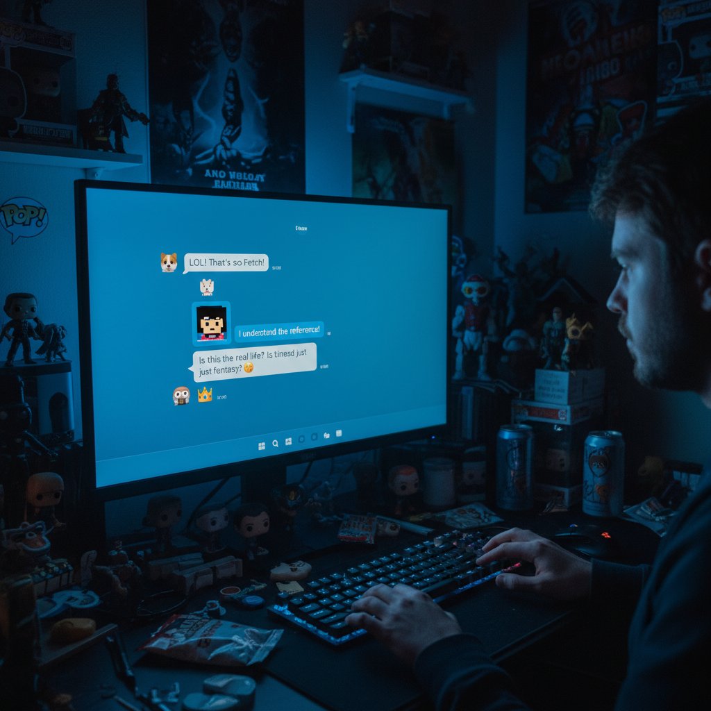 Mroczne wnętrze pokoju, ekran komputera z czatem, kadr inspirowany serialami o anonimowości