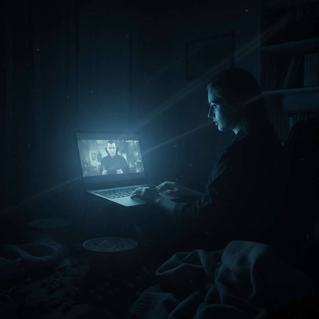 Young adult in dark room lit by laptop screen, transfixed by vampire movie, digital glow