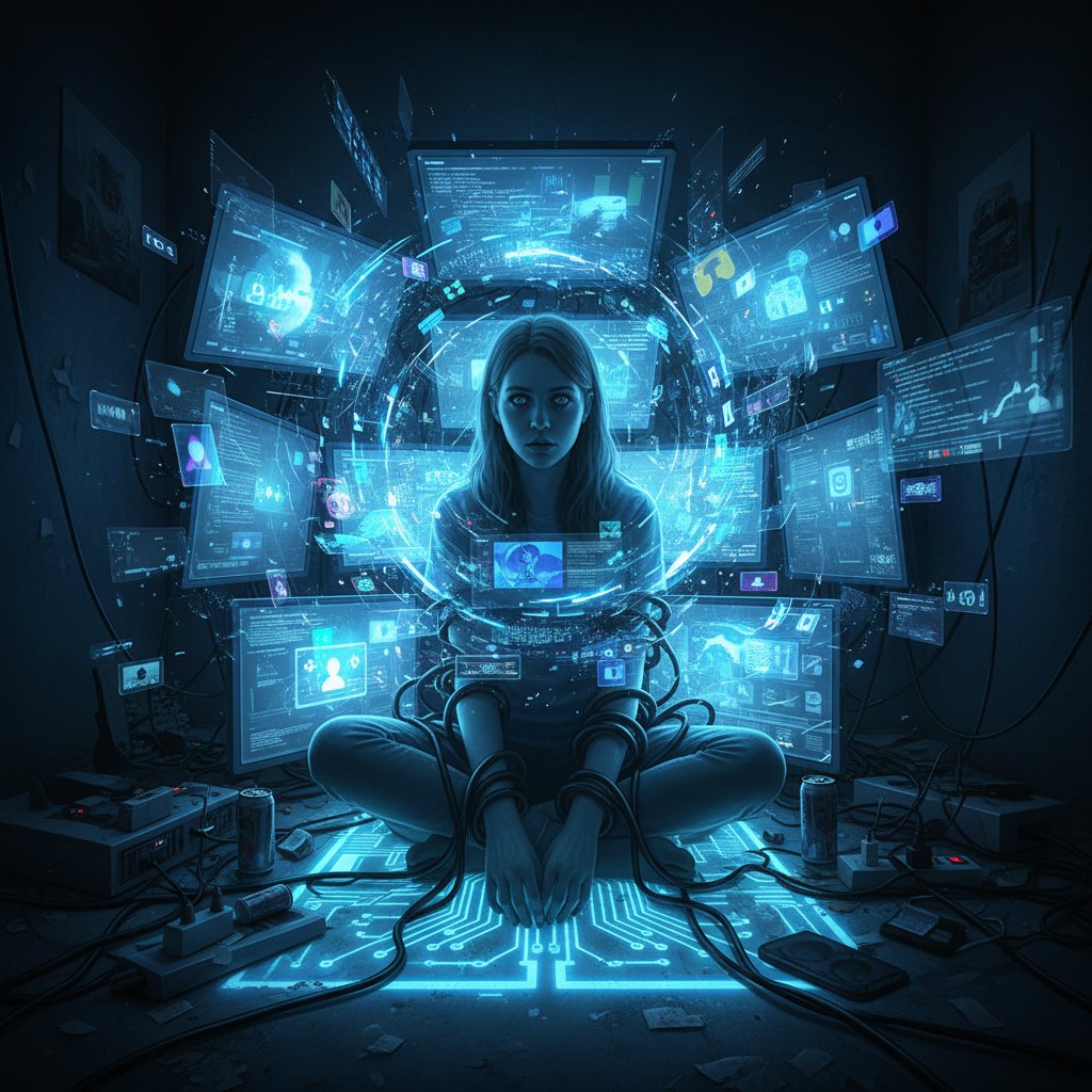 Zdjęcie przedstawiające samotną osobę w ciemnym pomieszczeniu, otoczoną ekranami – symbol pułapki cyfrowych złudzeń