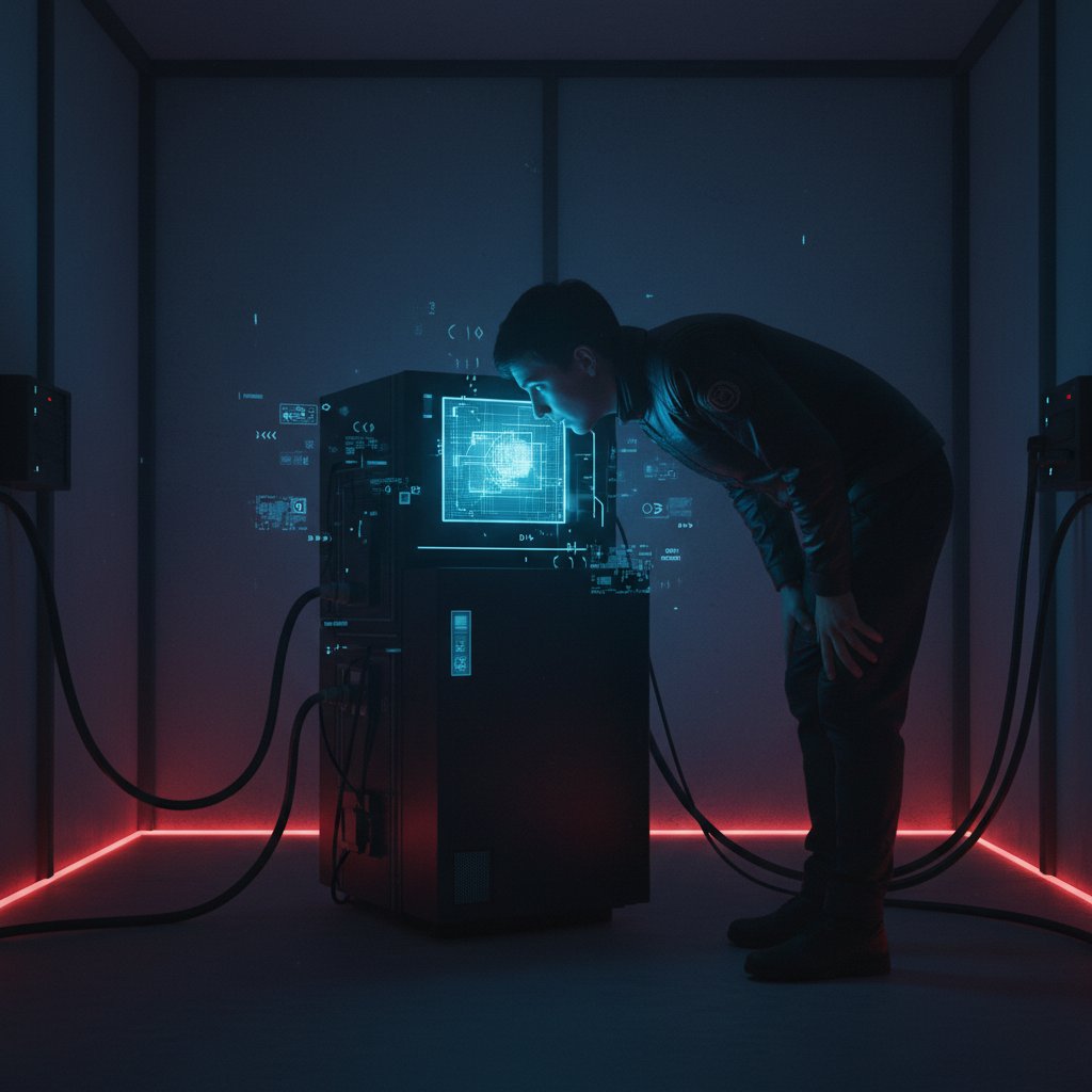 Ciemny pokój, w którym człowiek patrzy na monitor z czarną skrzynką symbolizującą AI