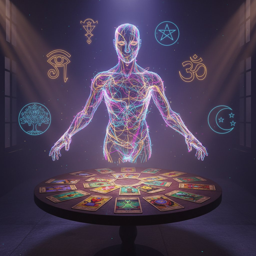 Dunkles Zimmer mit Tarotkarten, leuchtender KI-Avatar und spirituellen Symbolen